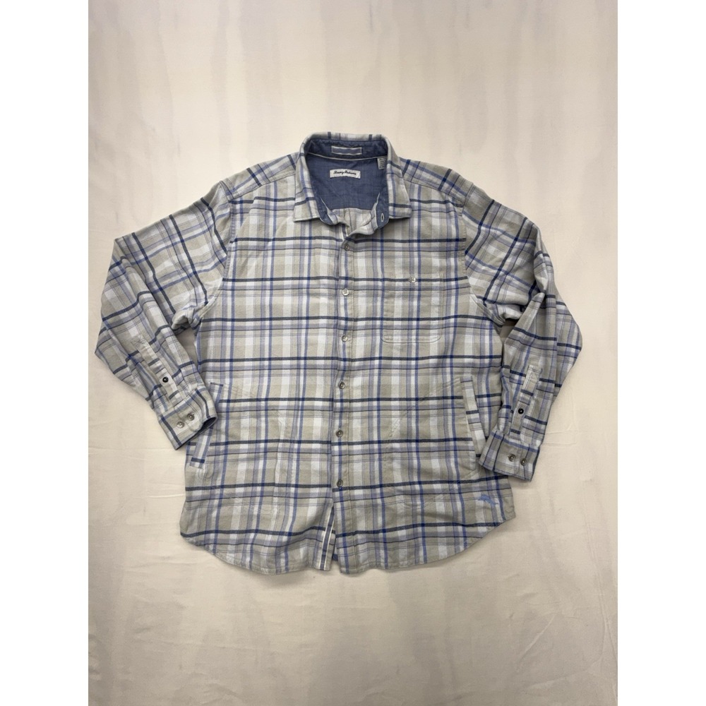Tommy Bahama Long Sleeve Button Down Shirt Blue/Gray Plaid With Pockets Size XL